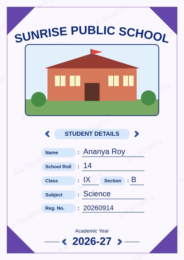Front page with a formal dark blue title and a simple student details block
