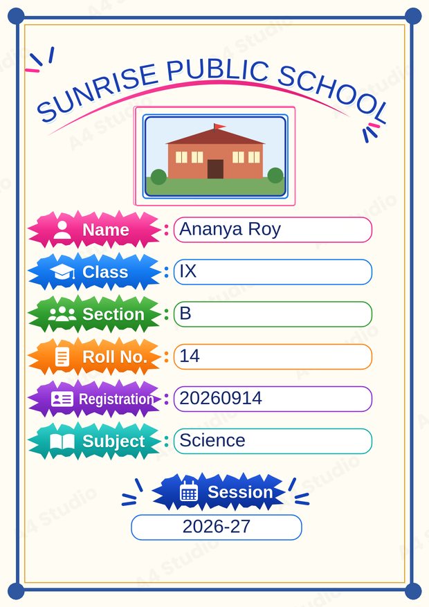 Front page with school name arch, photo and coloured label rows