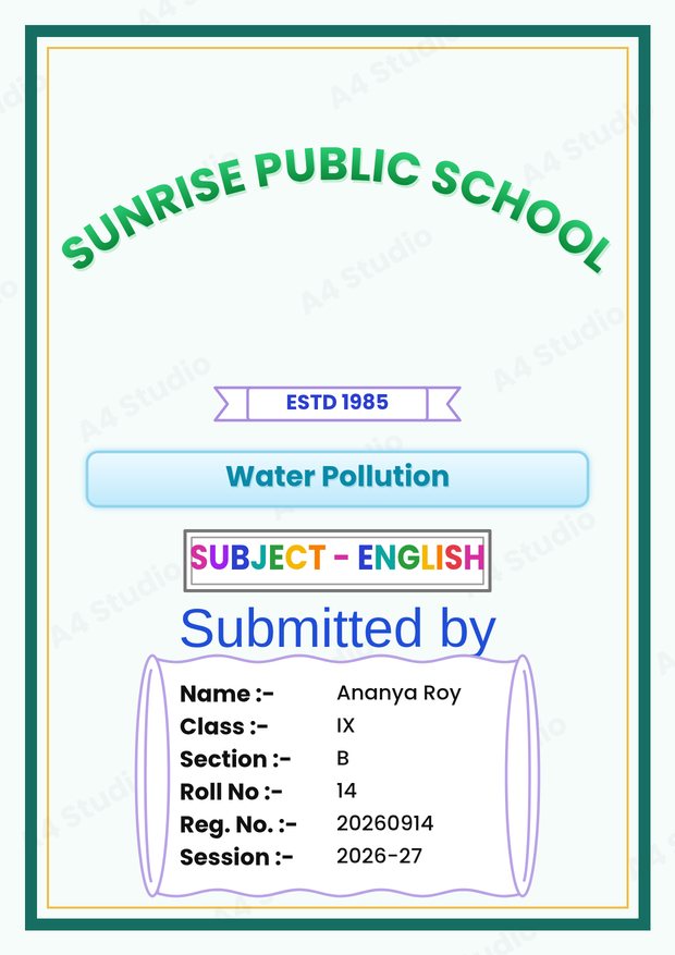 Front page with a large school name, photo box and a tidy student details block