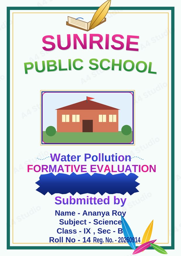 Front page with an English subject strip, school photo and details in a notebook style box