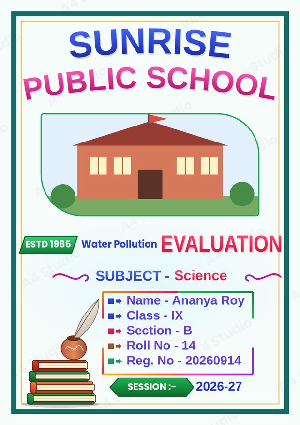 Front page with an evaluation banner, school photo and details list