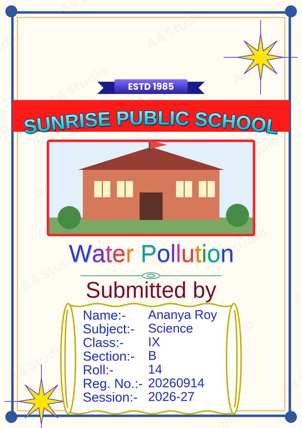 Front page with a thin frame, school photo and a geography project title