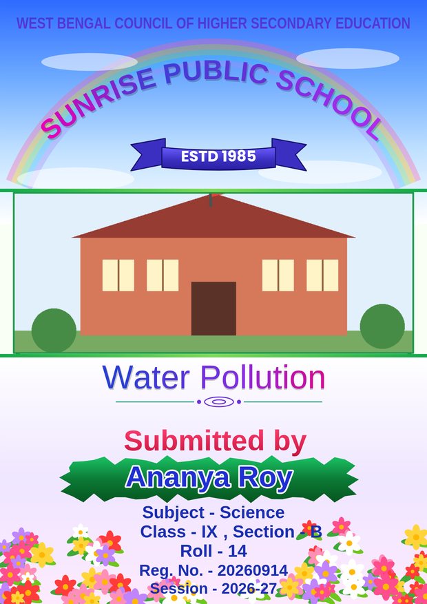 Front page with a blue sky background, school photo and a coloured details list