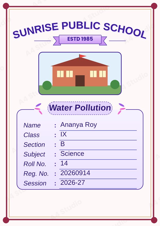 Front page with purple frame and lavender colours