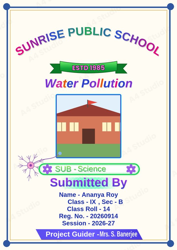 Front page for a life science project with a school photo and a green subject banner