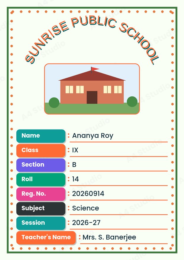 Front page with a bold title and teal and orange labels beside plain values