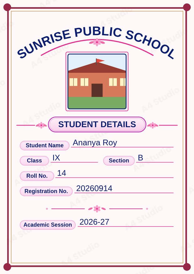 Front page with a soft pink floral style and a neat student details block