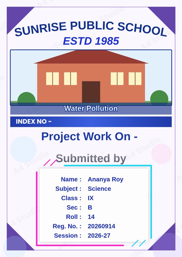 Front page with a project title in the centre and a details block underneath