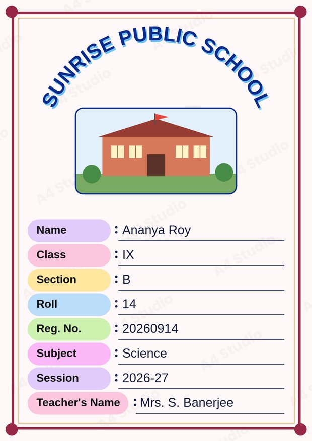Front page with a curved colourful school name and coloured label pills