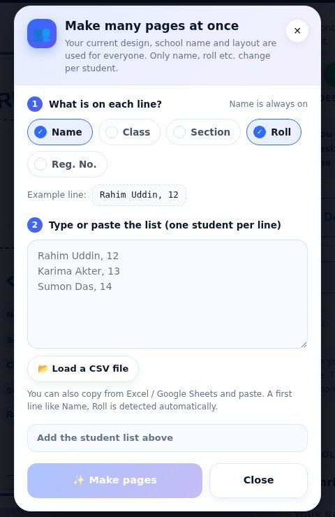Make many pages at once dialog with Name, Class, Section, Roll chips and a text box for the list
